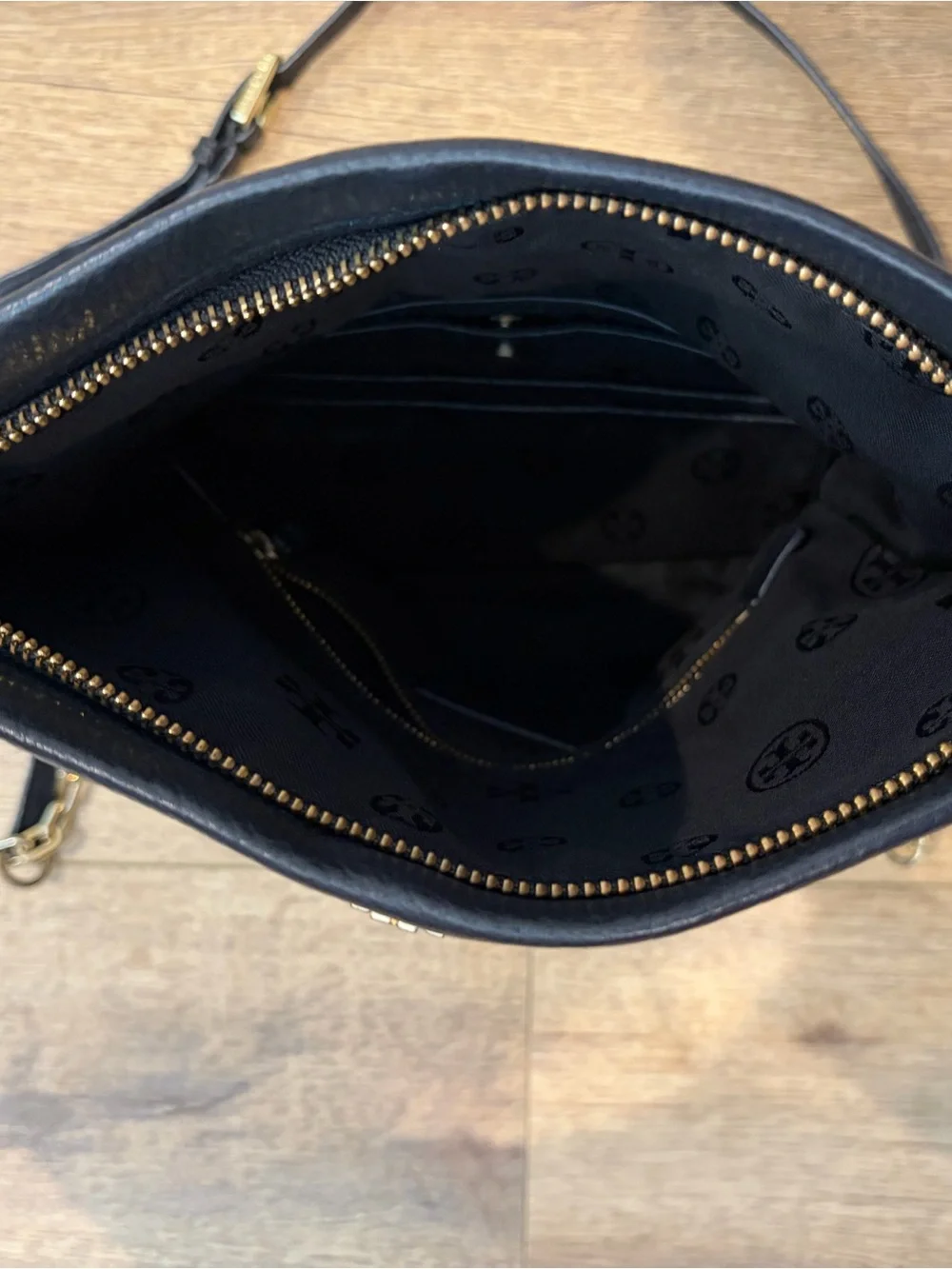 Tory Burch Black Pebbled Leather Fold-Over Crossbody with Gold Chain